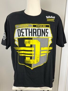 Vintage Y2K Black Graphic Tee with Yellow & Gray Shield